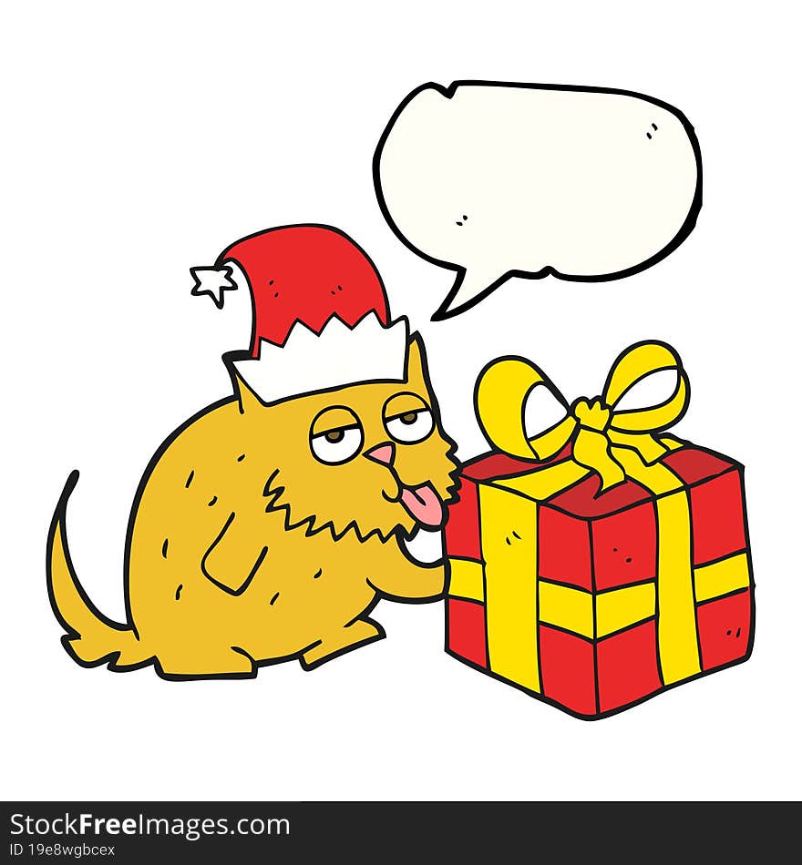 speech bubble cartoon cat with present