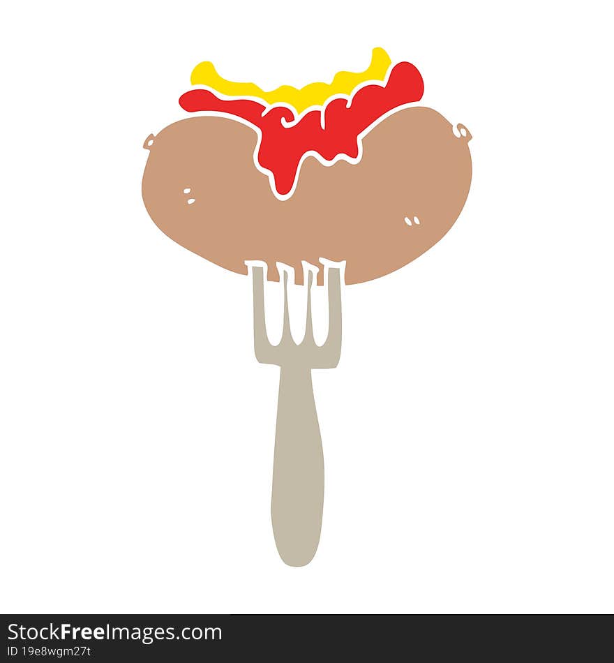 flat color illustration cartoon hotdog with mustard and ketchup on fork