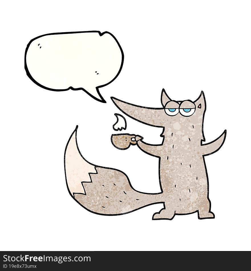 freehand speech bubble textured cartoon wolf with coffee cup