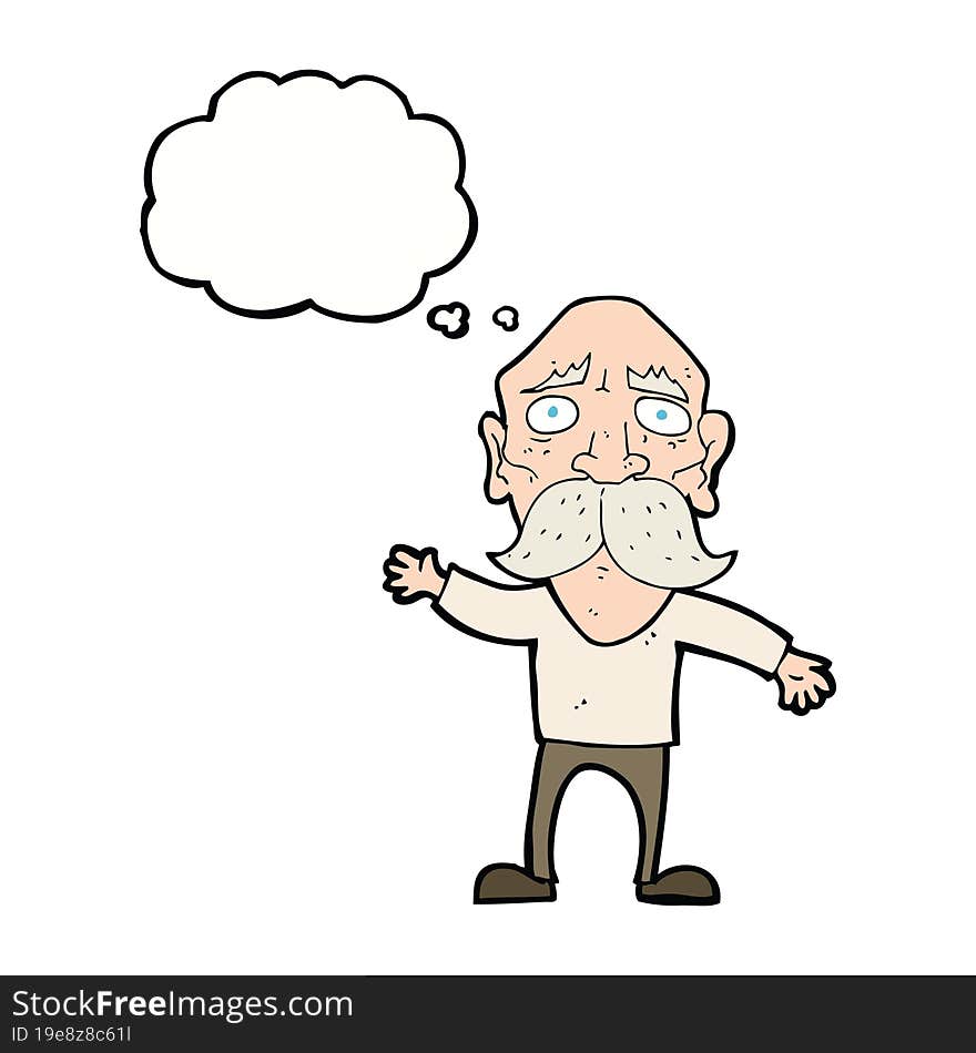 cartoon worried old man with thought bubble