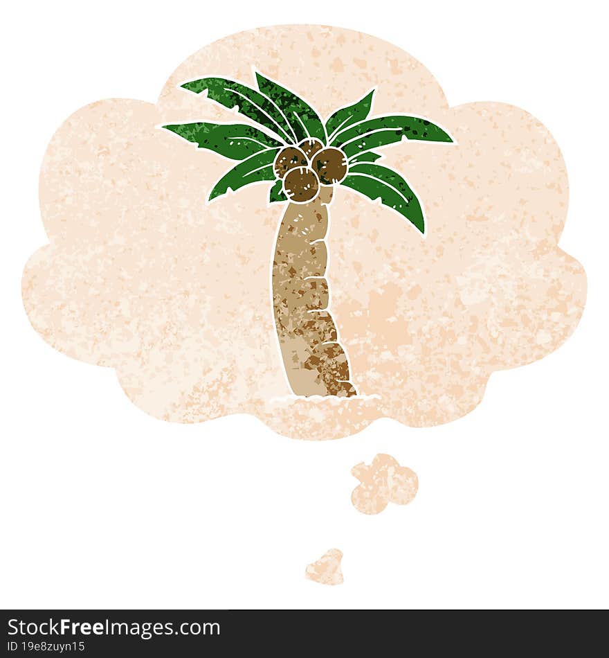 cartoon palm tree and thought bubble in retro textured style