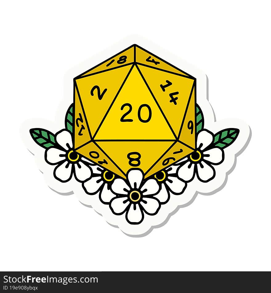 sticker of a natural 20 D20 dice roll with floral elements. sticker of a natural 20 D20 dice roll with floral elements