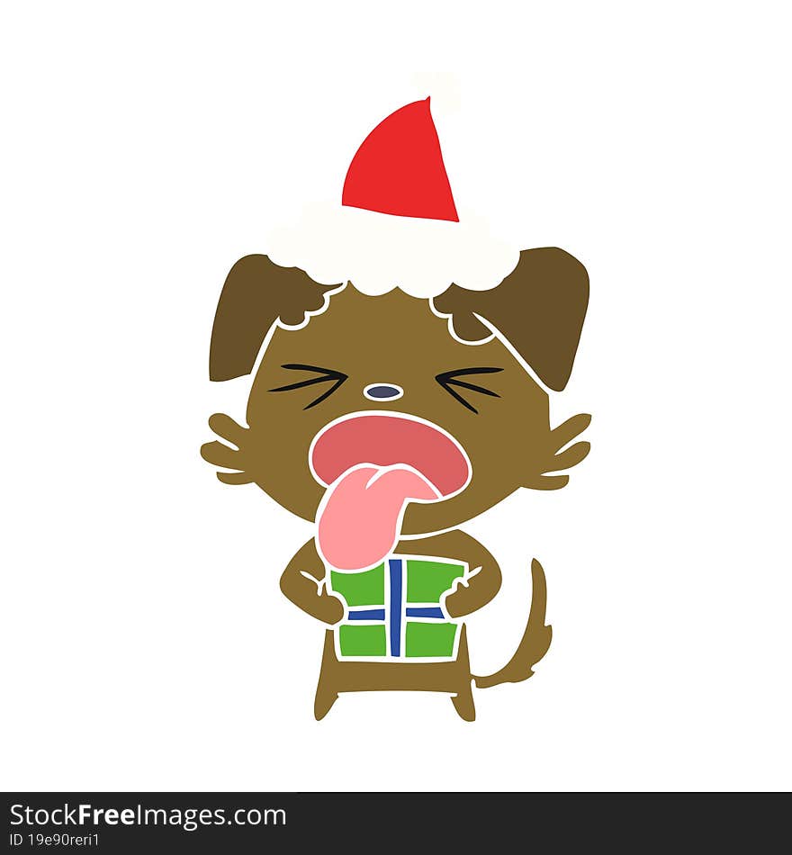 hand drawn flat color illustration of a dog with christmas present wearing santa hat