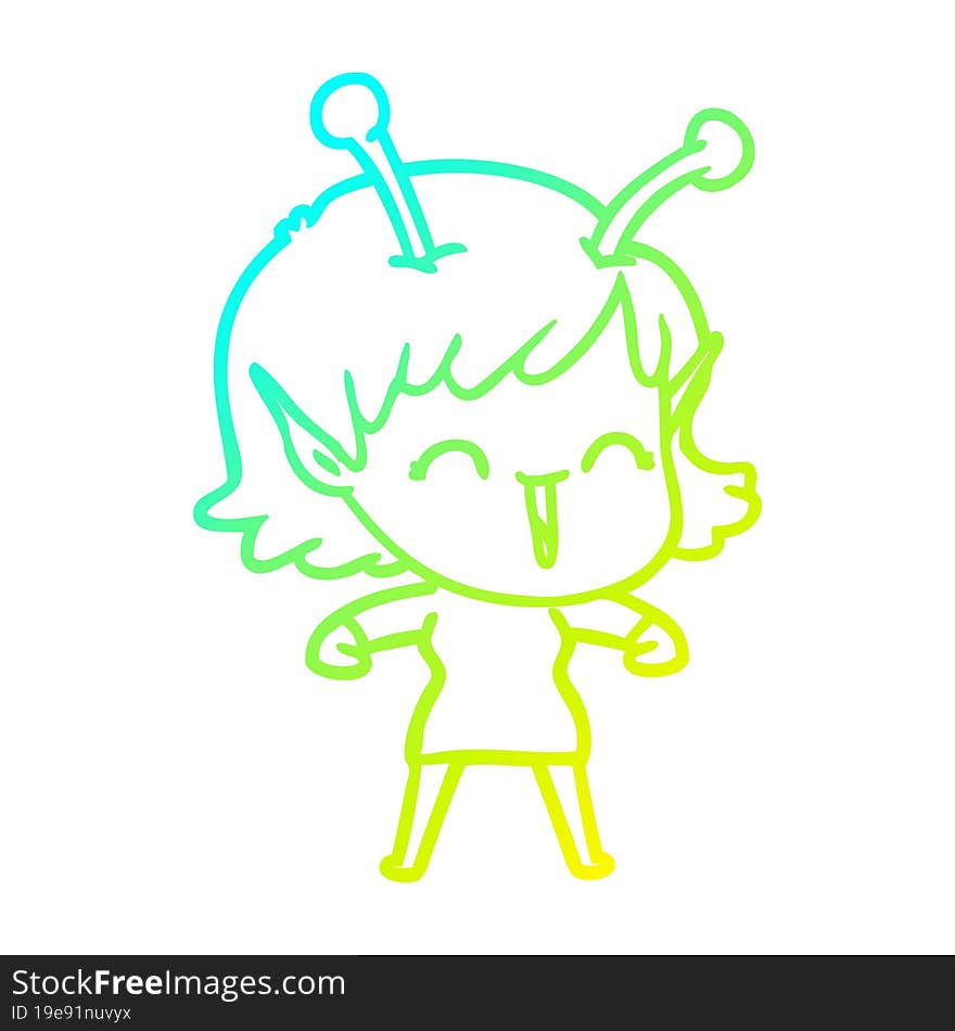 cold gradient line drawing of a cartoon alien girl laughing