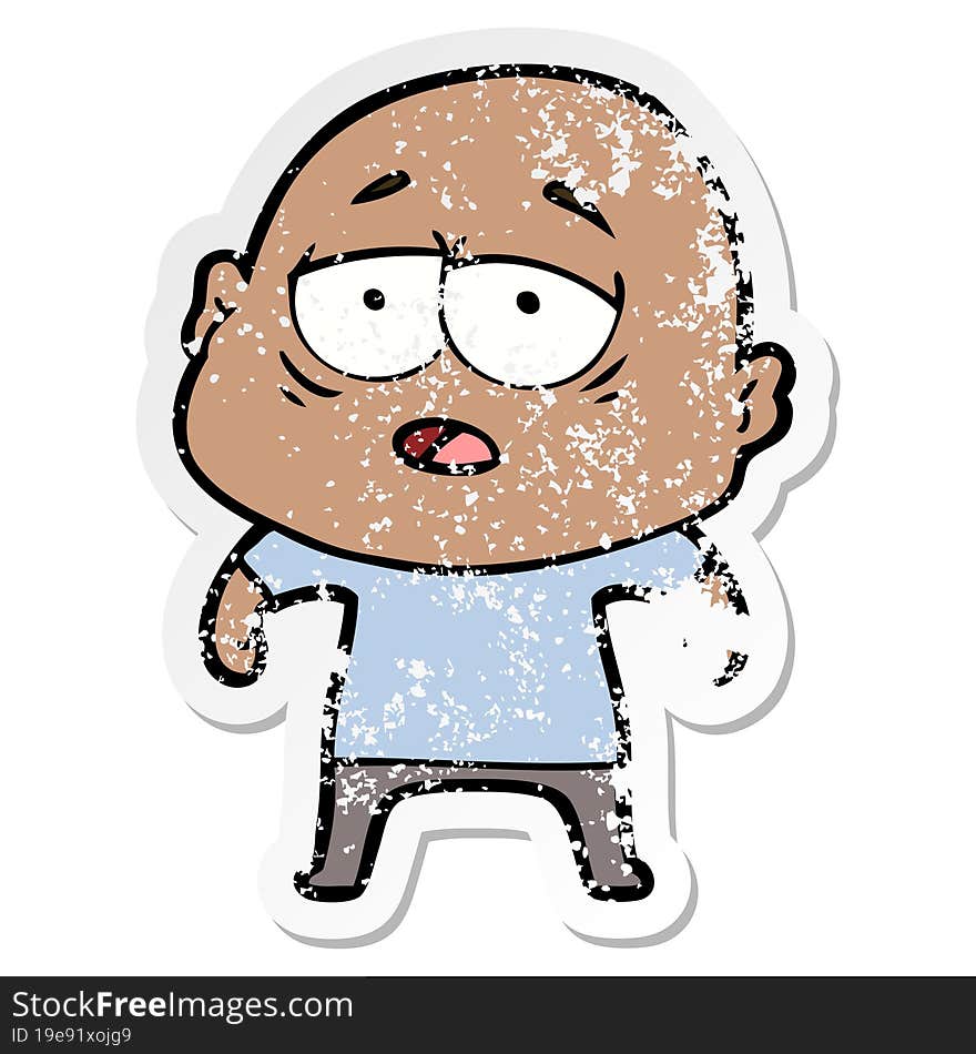 distressed sticker of a cartoon tired bald man