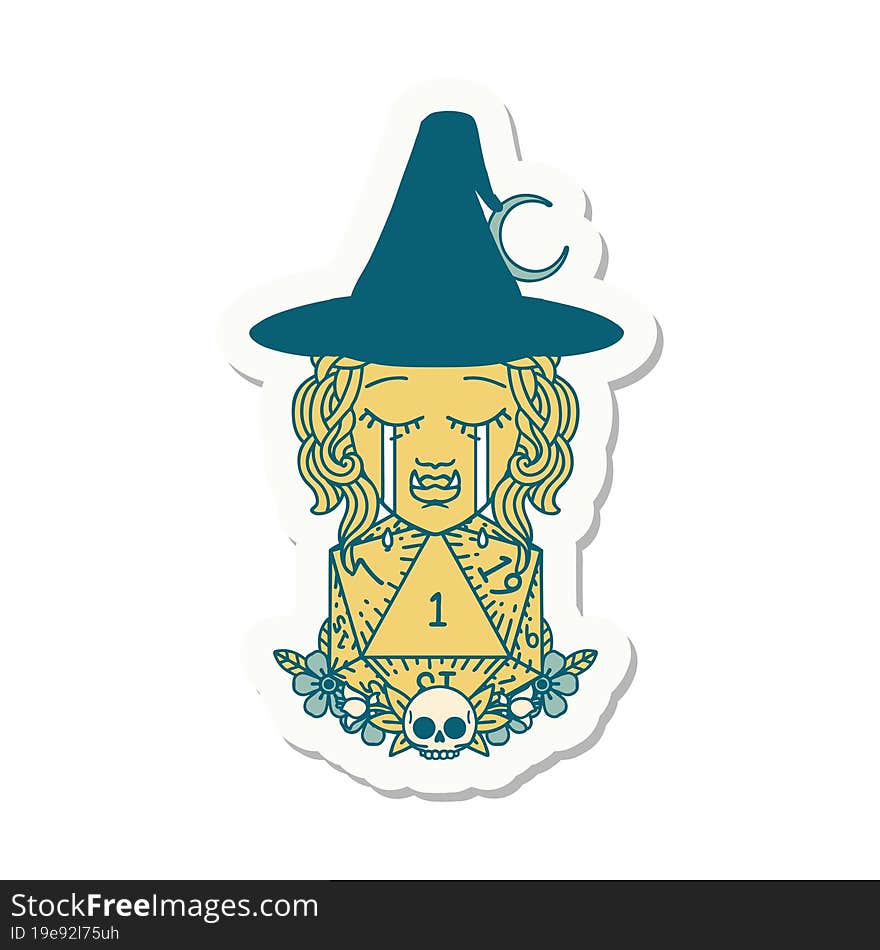 sticker of a sad half orc witch character with natural one D20 roll. sticker of a sad half orc witch character with natural one D20 roll