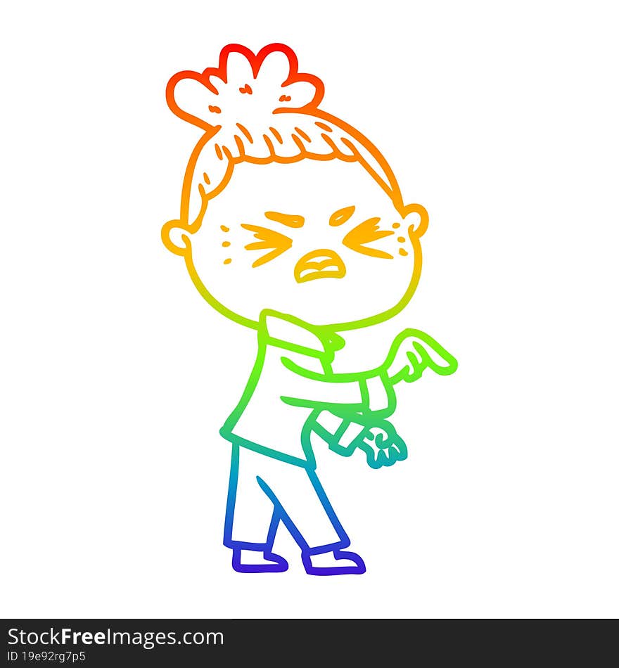 rainbow gradient line drawing of a cartoon angry woman