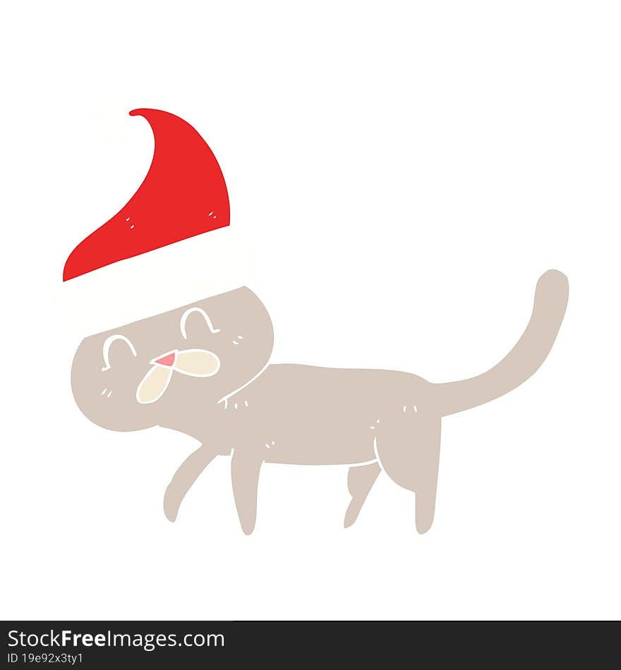 flat color illustration of a cartoon cat wearing christmas hat