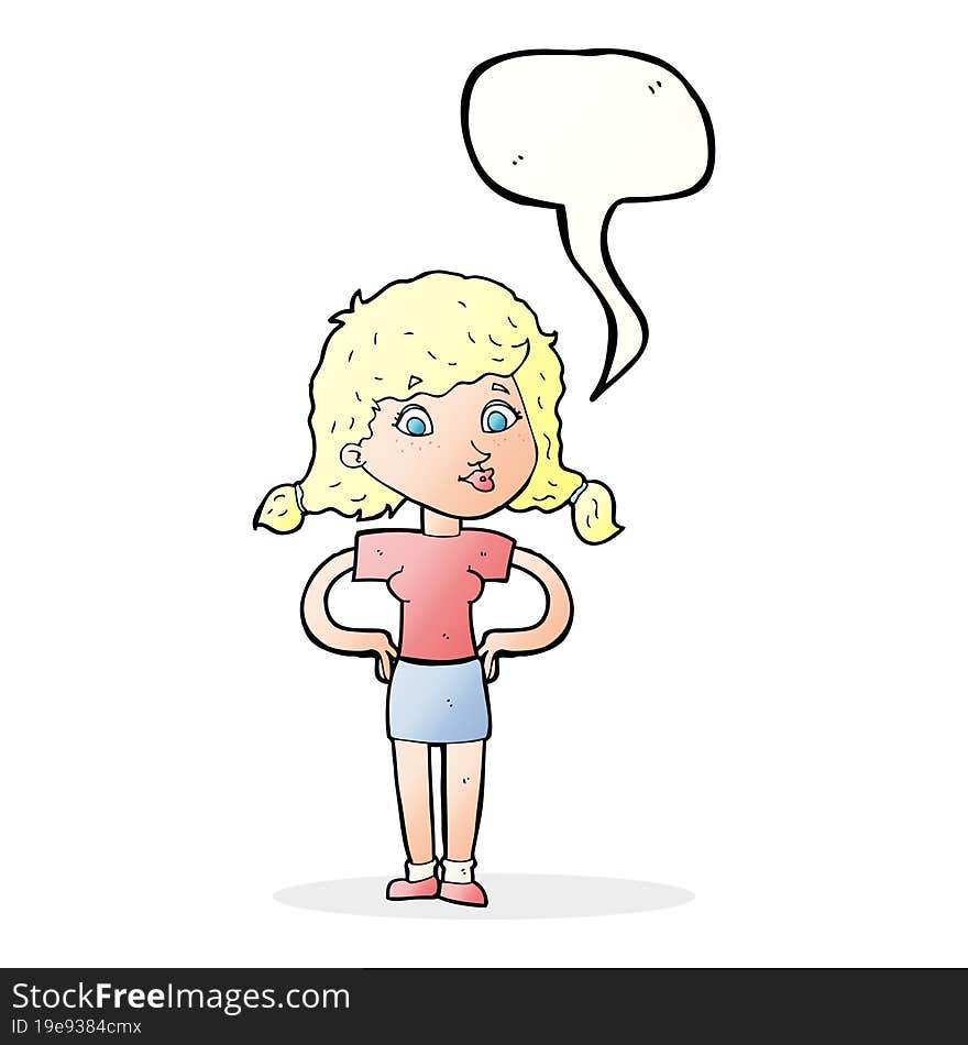 cartoon pretty girl with hands on hips with speech bubble