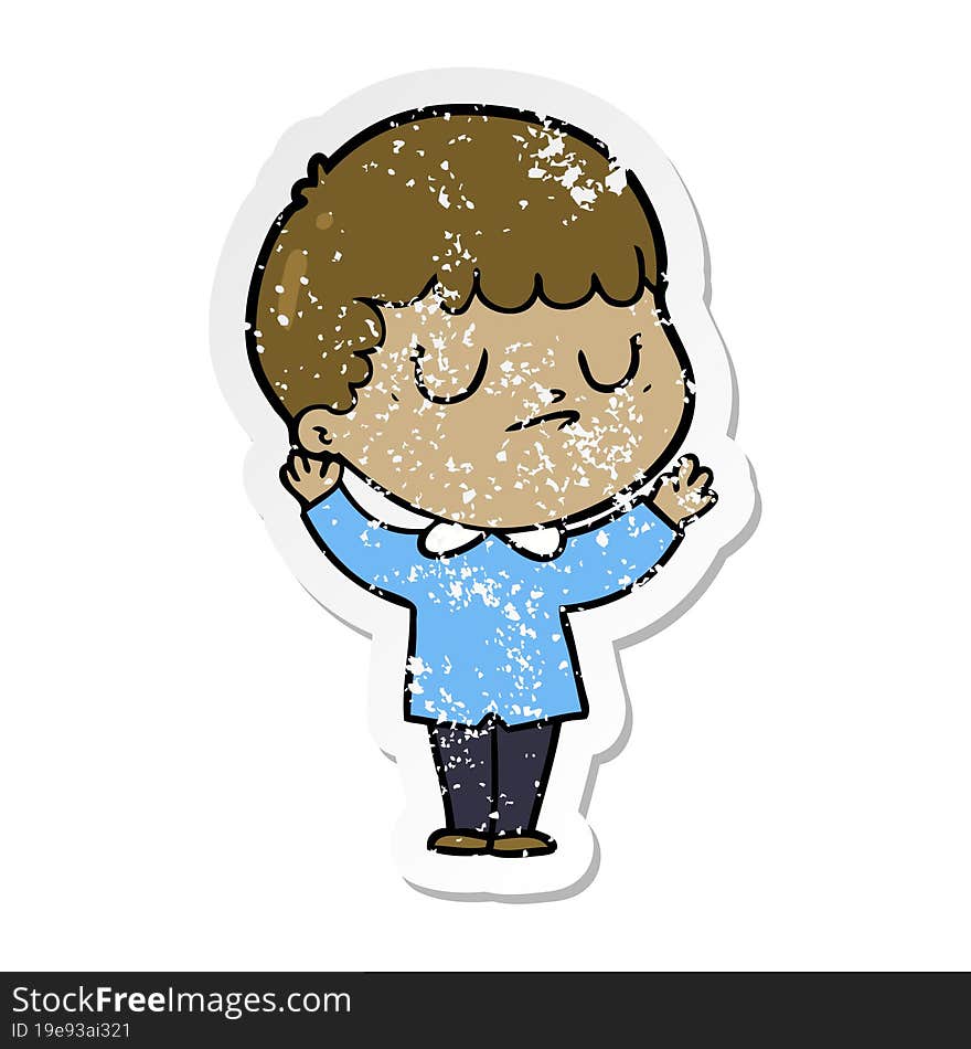 distressed sticker of a cartoon grumpy boy