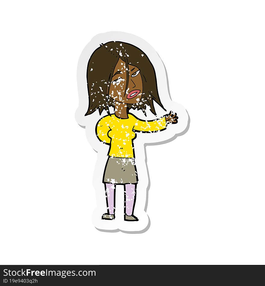 retro distressed sticker of a cartoon unhappy woman