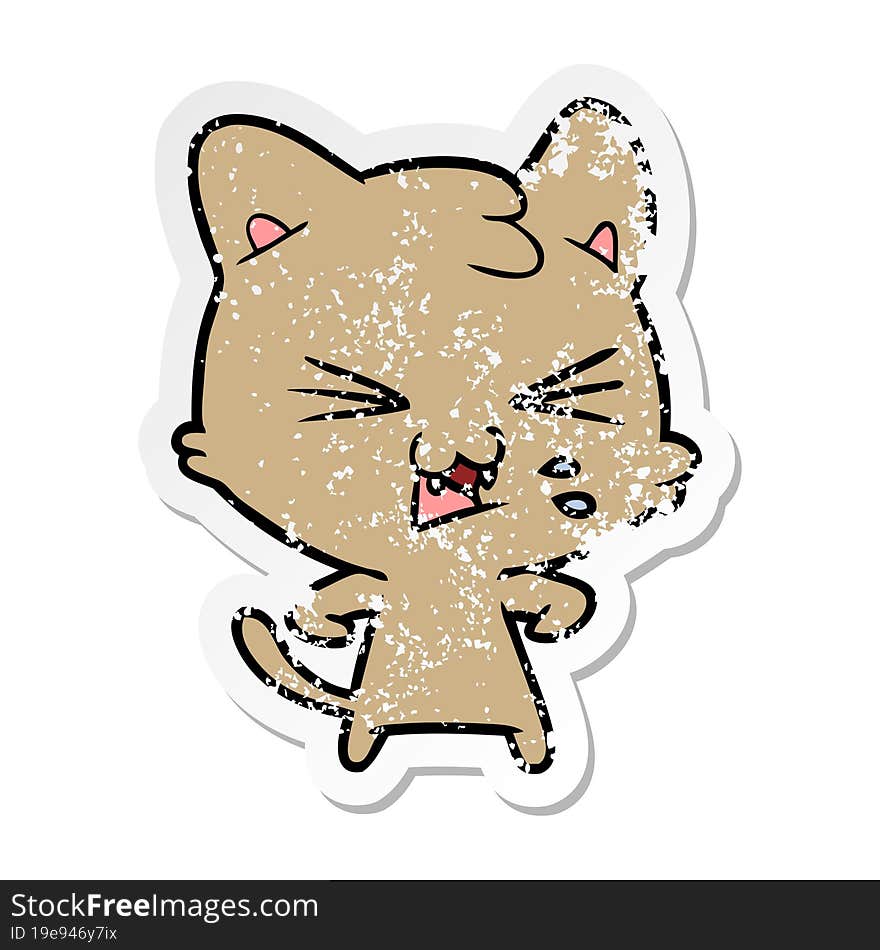 distressed sticker of a cartoon hissing cat