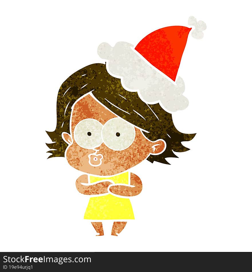 retro cartoon of a girl pouting wearing santa hat