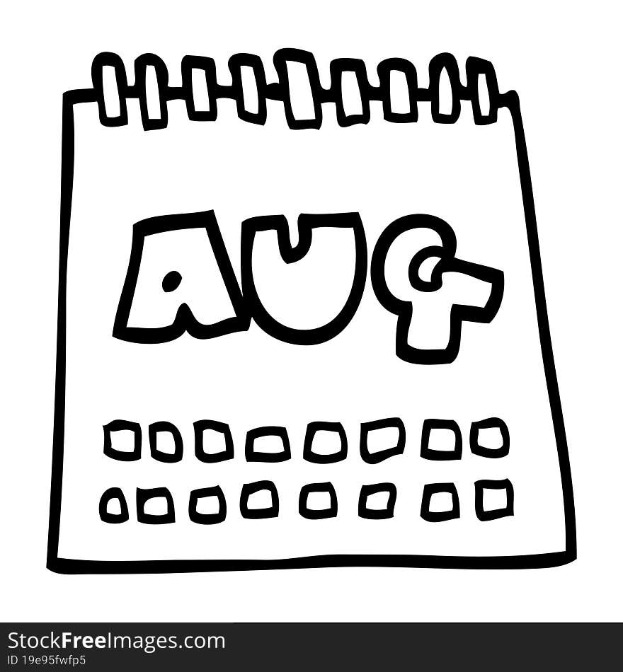 line drawing cartoon calendar showing month of august