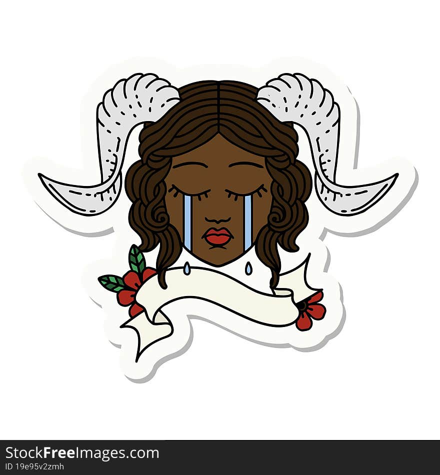 sticker of a crying tiefling character face with scroll banner. sticker of a crying tiefling character face with scroll banner