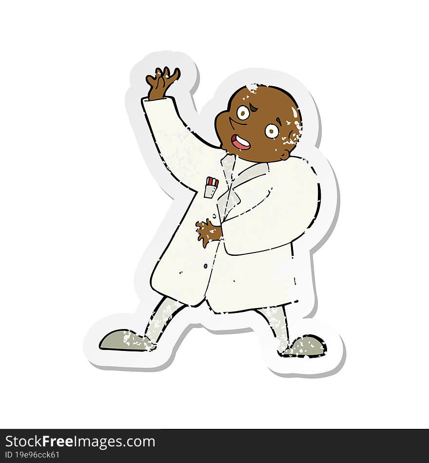 retro distressed sticker of a cartoon mad scientist