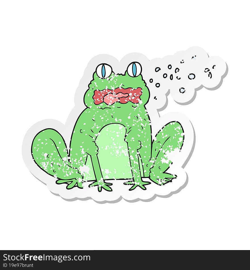 retro distressed sticker of a cartoon burping frog