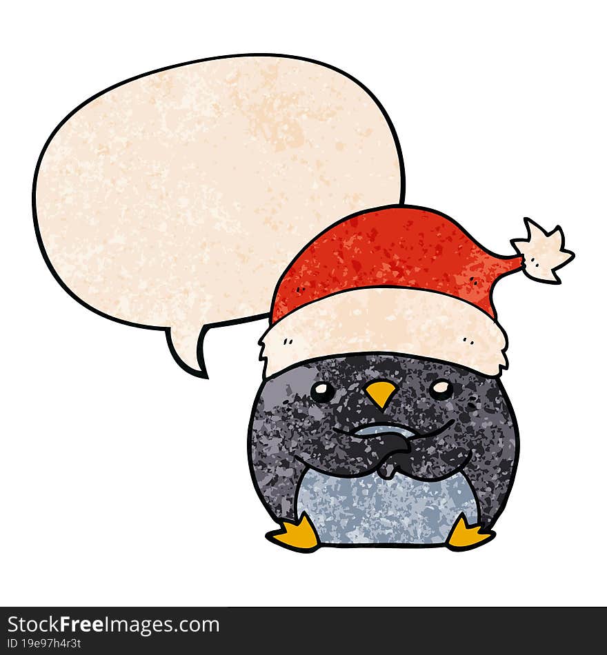 Cute Cartoon Penguin Wearing Christmas Hat And Speech Bubble In Retro Texture Style