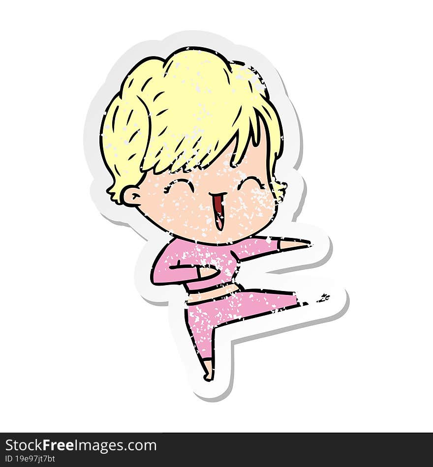 distressed sticker of a cartoon laughing woman