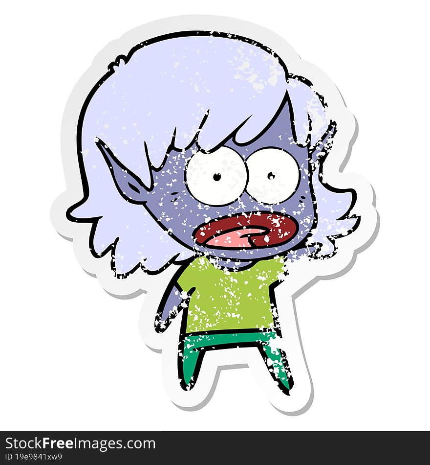 distressed sticker of a cartoon shocked elf girl