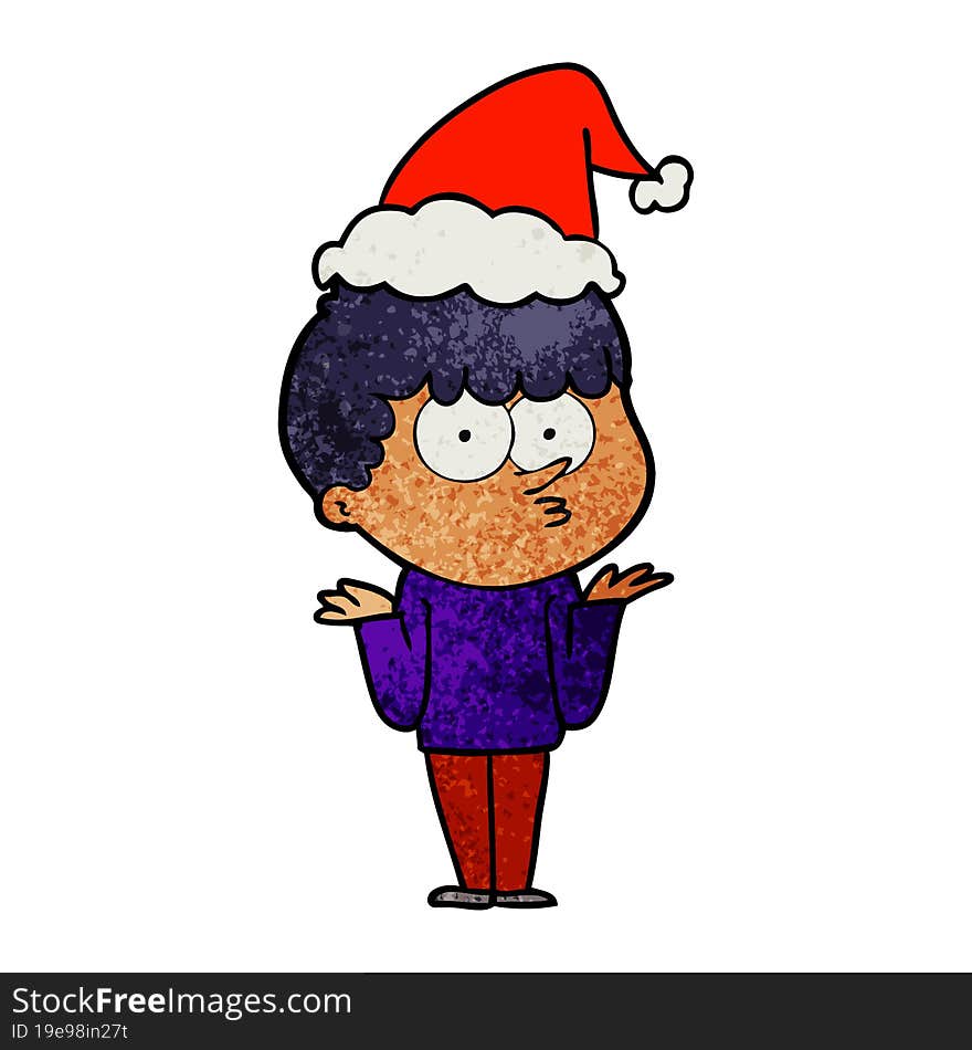 Textured Cartoon Of A Curious Boy Shrugging Shoulders Wearing Santa Hat