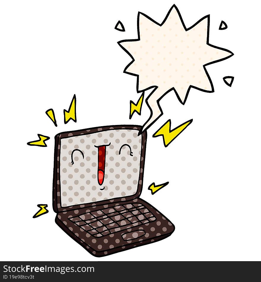 cartoon laptop computer with speech bubble in comic book style