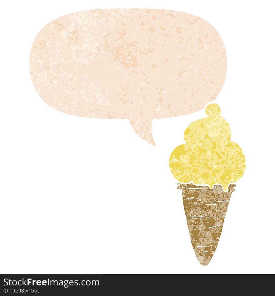 Cartoon Ice Cream And Speech Bubble In Retro Textured Style