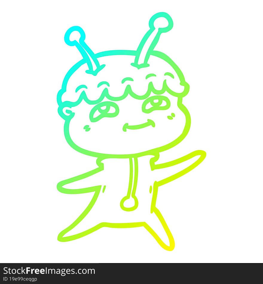 cold gradient line drawing of a friendly cartoon spaceman dancing