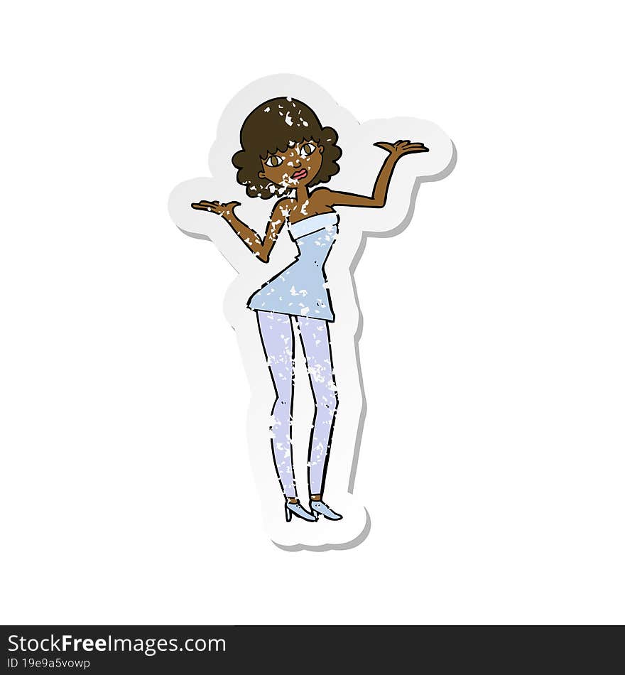 retro distressed sticker of a cartoon woman in cocktail dress