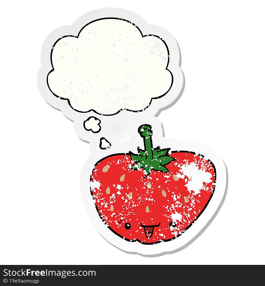 cartoon strawberry with thought bubble as a distressed worn sticker