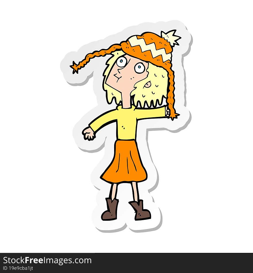 sticker of a cartoon woman wearing winter hat