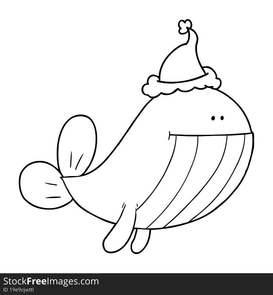 hand drawn line drawing of a whale wearing santa hat