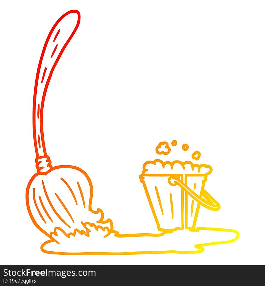 warm gradient line drawing cartoon mop and bucket