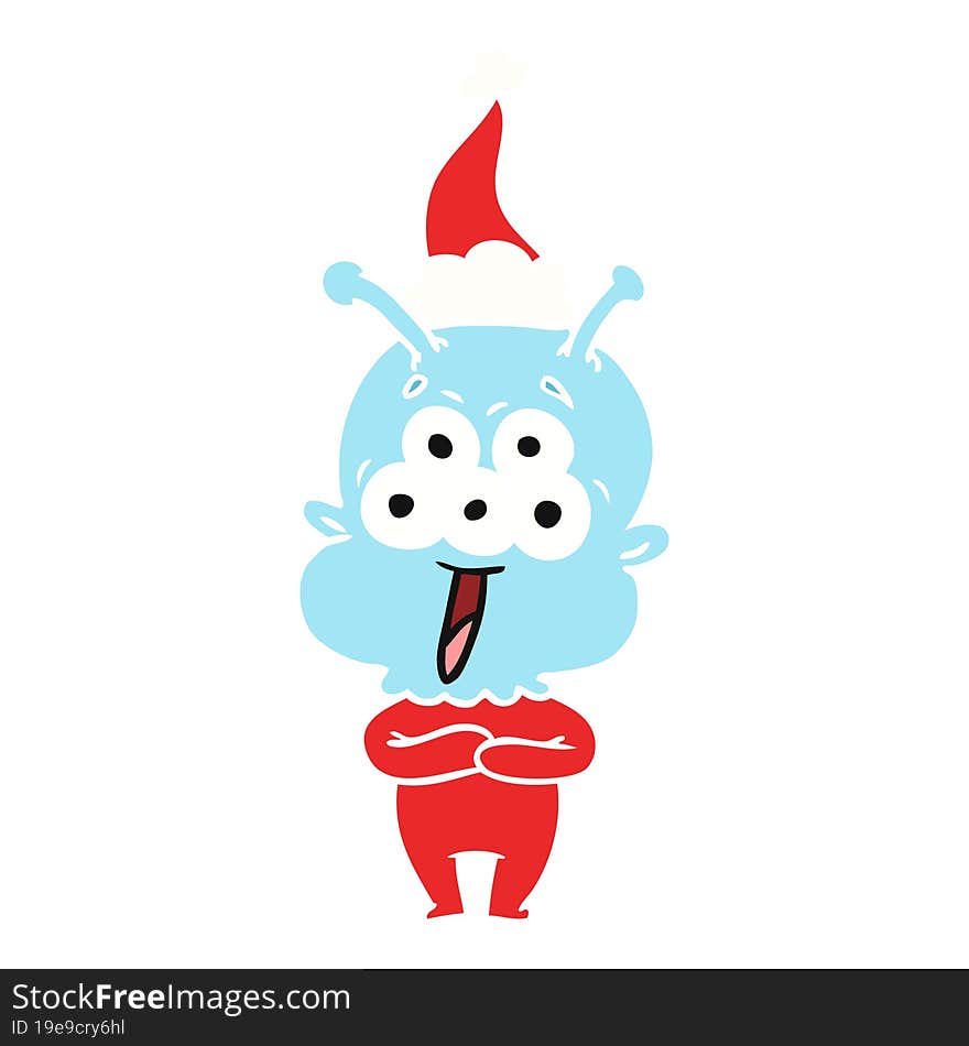 happy flat color illustration of a alien wearing santa hat