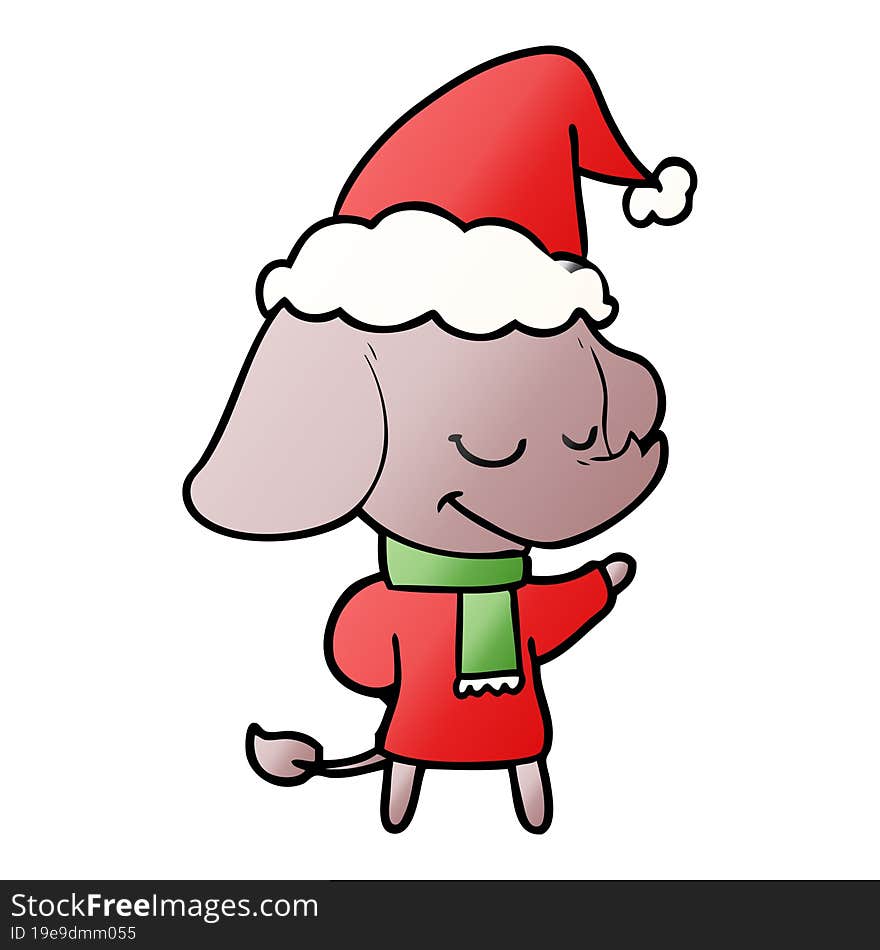 hand drawn gradient cartoon of a smiling elephant wearing scarf wearing santa hat