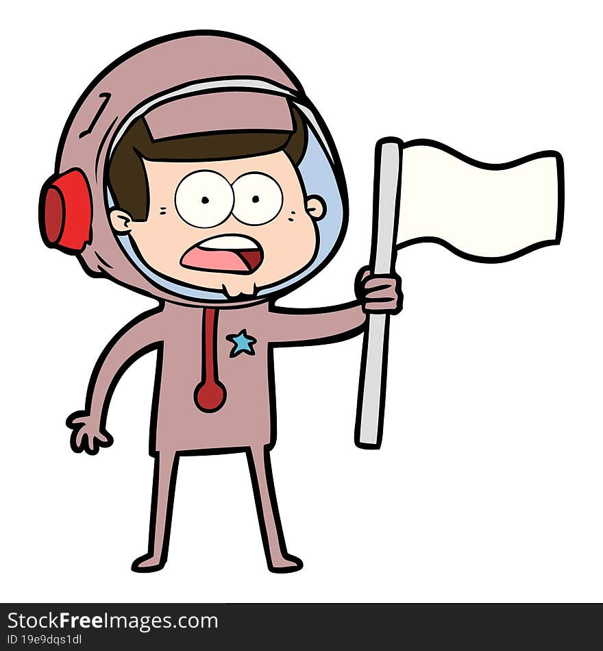 cartoon surprised astronaut waving flag. cartoon surprised astronaut waving flag