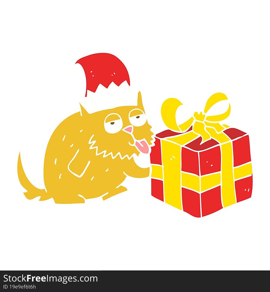 flat color illustration of cat with present. flat color illustration of cat with present