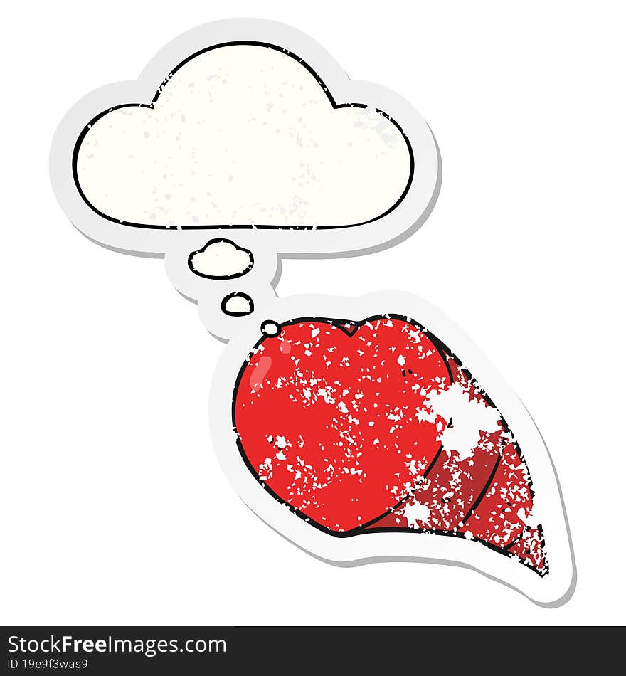 cartoon love heart symbol with thought bubble as a distressed worn sticker