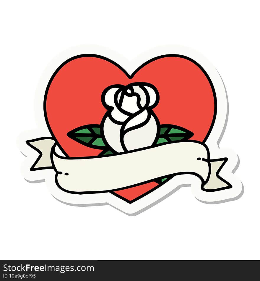 sticker of tattoo in traditional style of a heart rose and banner. sticker of tattoo in traditional style of a heart rose and banner