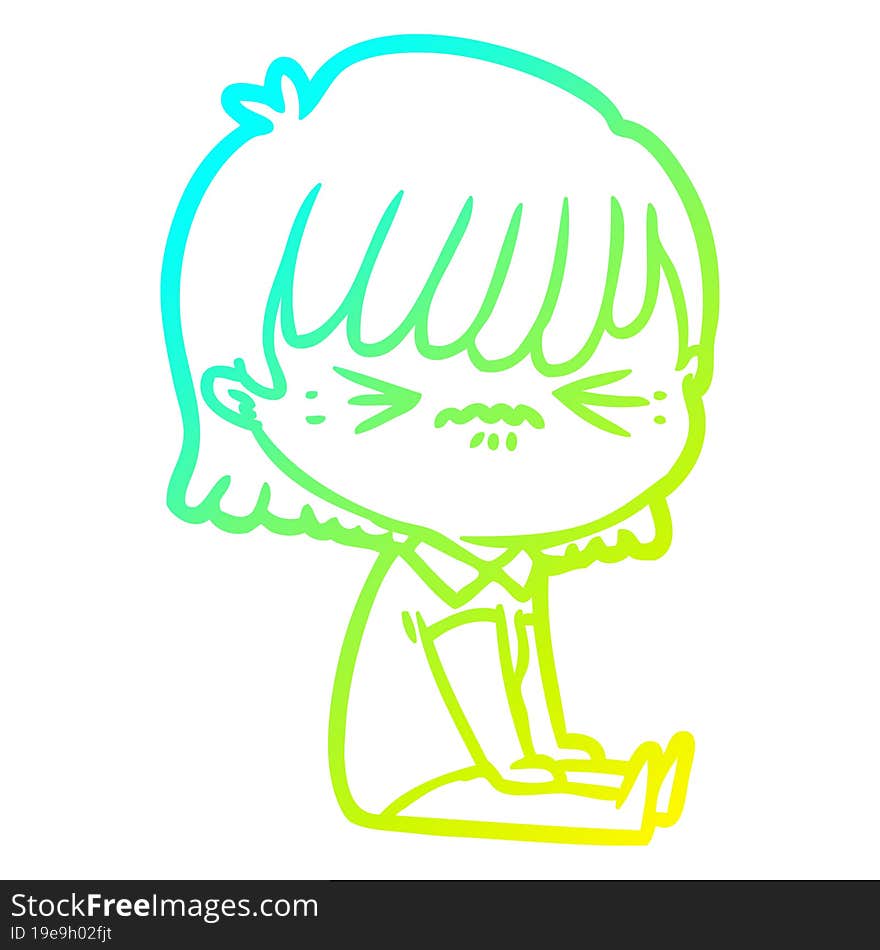 cold gradient line drawing annoyed cartoon girl sitting