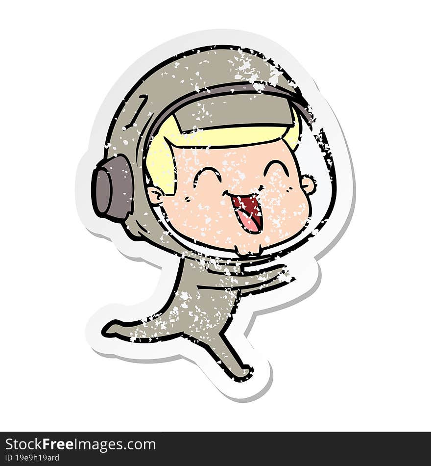 distressed sticker of a happy cartoon astronaut