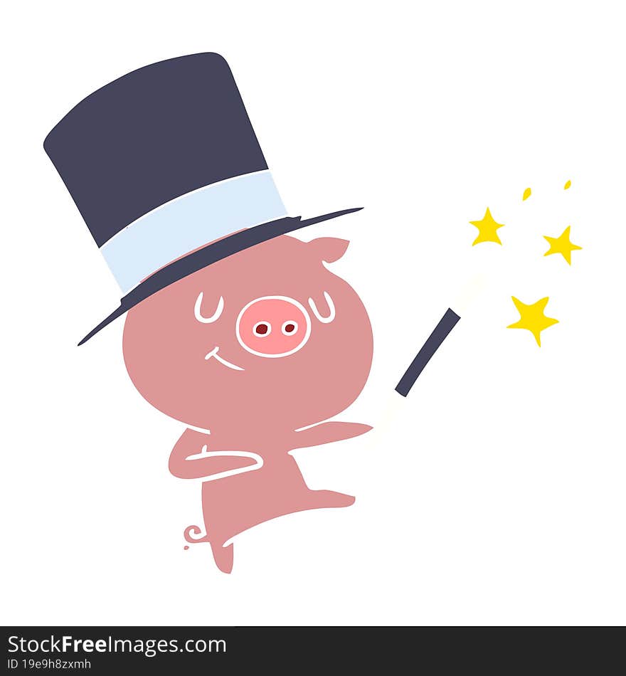 happy flat color style cartoon pig magician