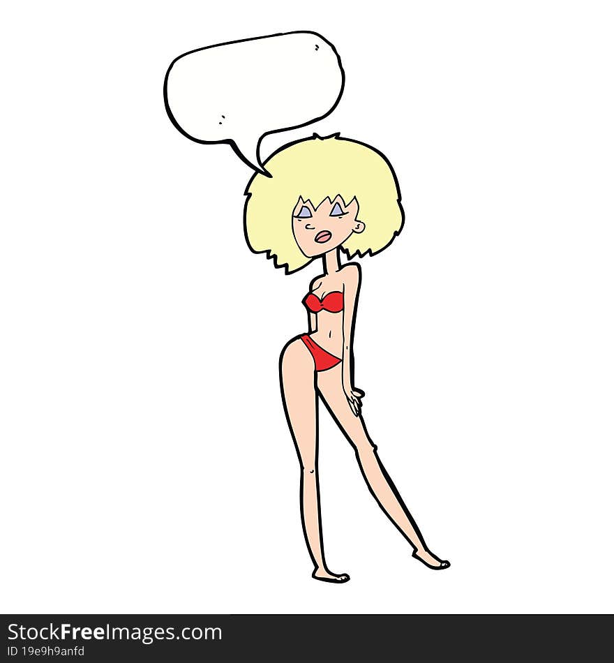 cartoon woman in bikini with speech bubble