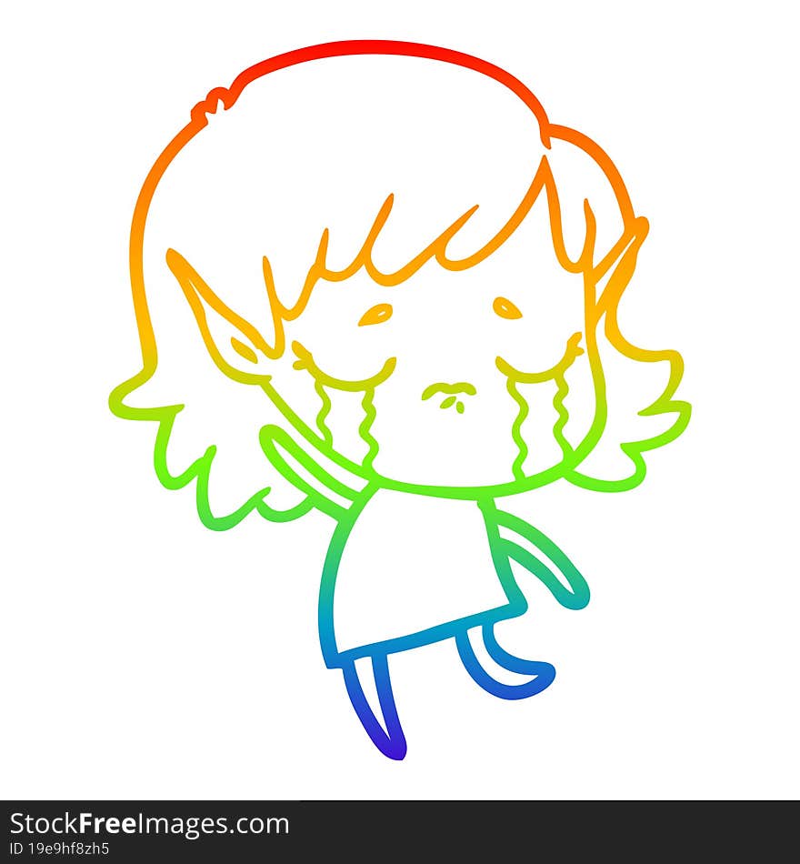 rainbow gradient line drawing of a cartoon crying elf girl