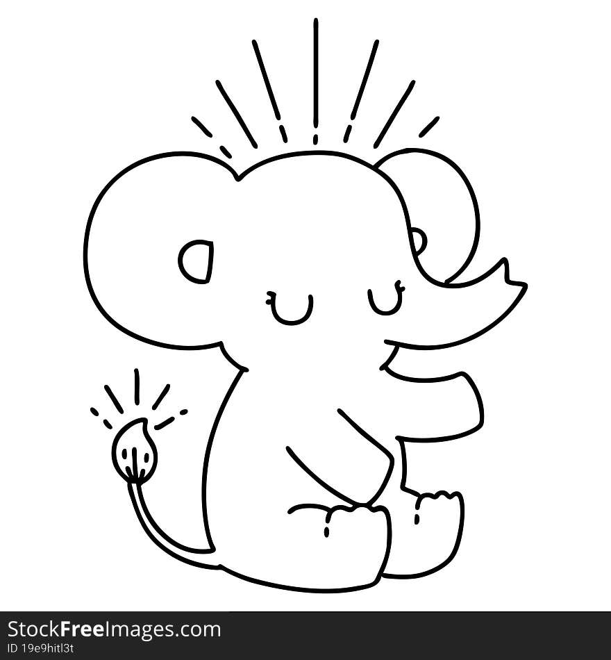 illustration of a traditional black line work tattoo style cute elephant