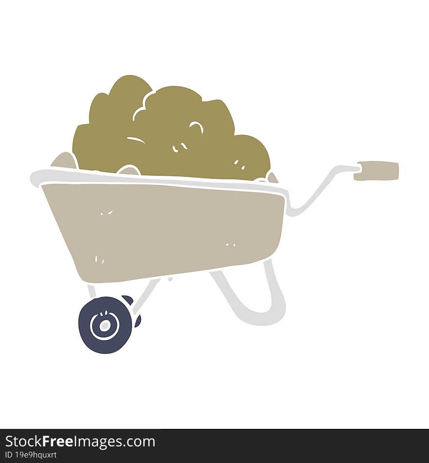 flat color illustration of a cartoon wheelbarrow full of dirt