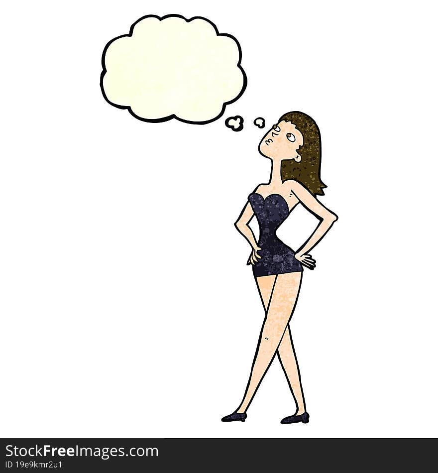 cartoon woman in party dress with thought bubble