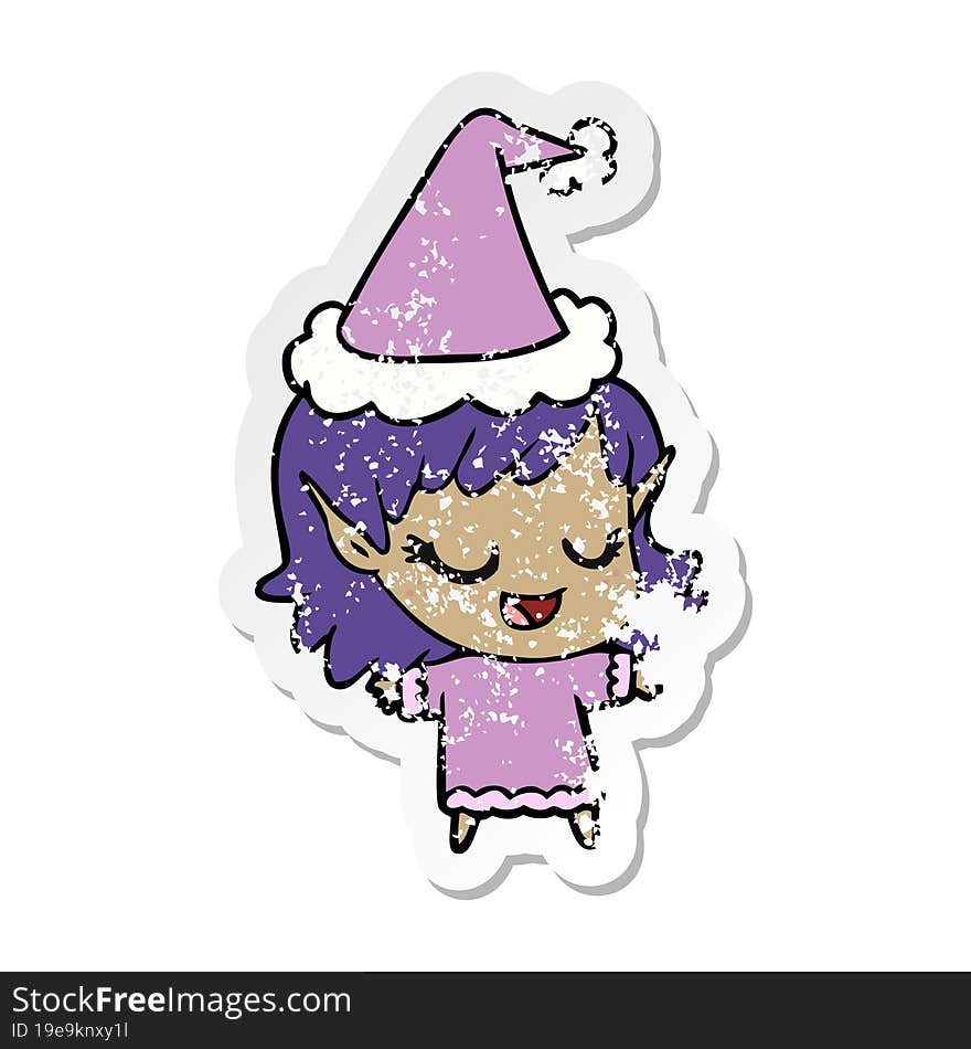 happy distressed sticker cartoon of a elf girl wearing santa hat