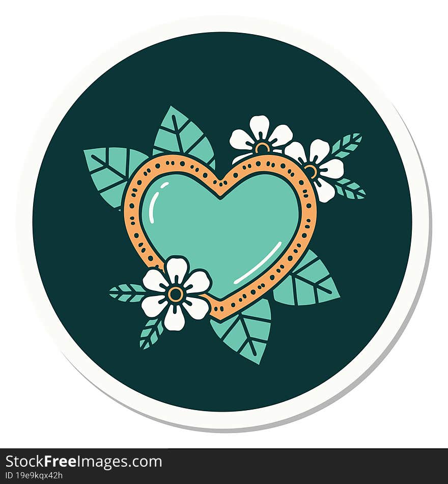 sticker of tattoo in traditional style of a botanical heart. sticker of tattoo in traditional style of a botanical heart