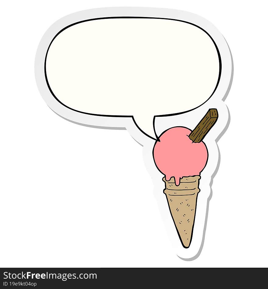 cartoon ice cream with speech bubble sticker. cartoon ice cream with speech bubble sticker